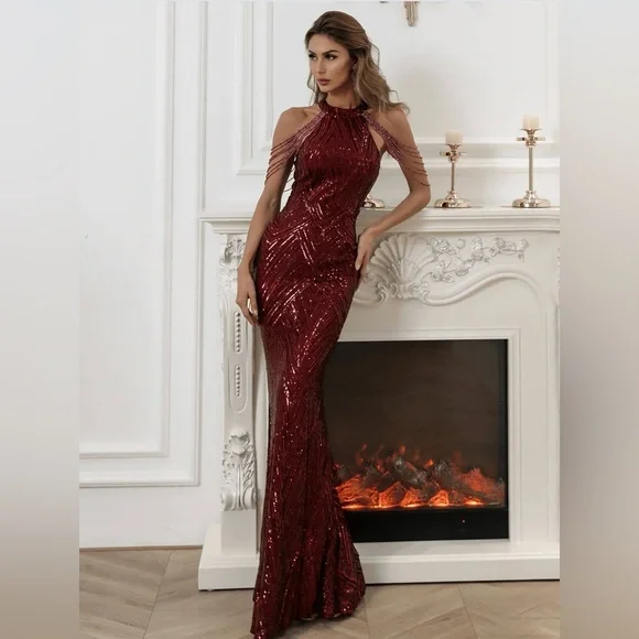 NWOT Miss Ord Burgundy Sequin Halter with Beads Floor Length Dress Size Medium - Picture 1 of 12